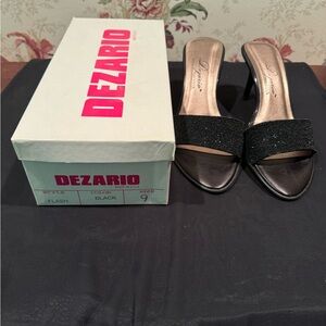 Dezario made in the USA black Flash style beaded heeled mule sandals. Size 9